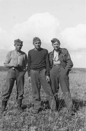 Zweiter Weltkrieg. Frontbilder. Sowjetunion. Drei Angehörige der deutschen Wehrmacht vor ebener Landschaft