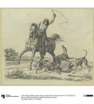Reiter und vier Hunde, einen Hasen zerrend