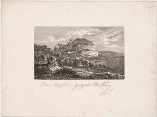 Der Berg Oybin mit der Burg- und Kirchenruine im Zittauer Gebirge, Blick von Süden, aus Carl Peschecks "Oybin bei Zittau in 12 Ansichten ..." (erweiterte Auflage?)