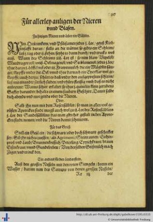 Für allerley anligen der Nieren unnd Blasen. / Für das Grieß.