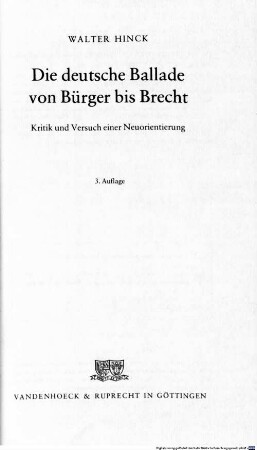 Die deutsche Ballade von Bürger bis Brecht : Kritik und Versuch einer Neuorientierung