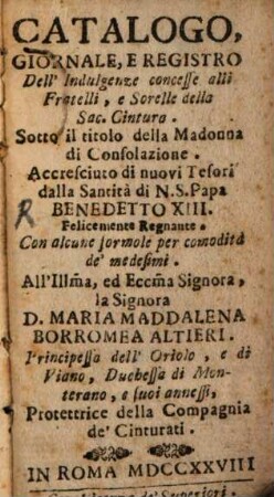 Catalogo giornale e registro dell'Indulgenze concesse alli fratelli e forelle della sacra cintura