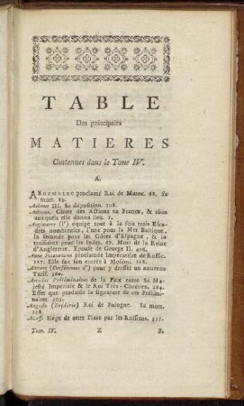 Table Des principales Matieres Contenues dans le Tome IV.