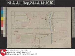 Lage des Piqueurhofs an der Burgstraße in AURICH Kolorierte Zeichnung von Franzius Papier auf Leinen Format 43,3x27,5 M 1:600 (ca)