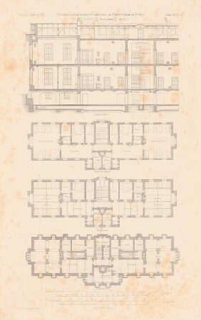 Städtisches Allgemeines Krankenhaus, Berlin-Friedrichshain: Grundriss Keller, EG, 1.OG, Schnitt Isoliergebäude (aus: Atlas zur Zeitschrift für Bauwesen, hrsg. v. G. Erbkam, Jg. 25, 1875)