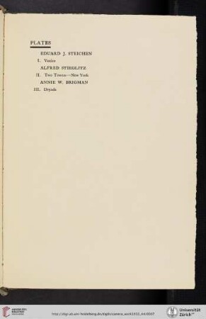Eduard J. [Jean] Steichen, Alfred Stieglitz, Annie W. [Wardrope] Brigman [list of plates]