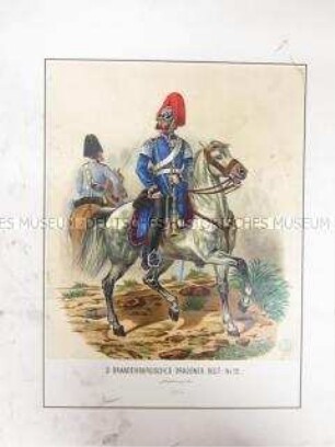 Uniformdarstellung, Stabstrompeter des 2. Brandenburgischen Dragoner-Regiments No. 12 zu Pferd, Preußen, 1866. Tafel 98 aus: Schindler: Suplement zum Militair-Album.