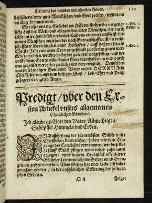 Predigt/ uber den Ersten Artickel unsers allgemeinen Christlichen Glaubens ...
