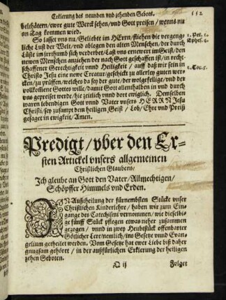 Predigt/ uber den Ersten Artickel unsers allgemeinen Christlichen Glaubens ...