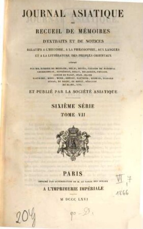 Journal asiatique : périodique semestriel. 7. 1866