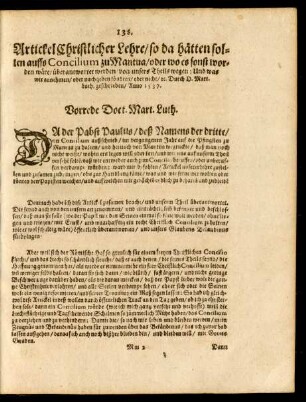 Artickel Christlicher Lehre/ so da hätten sollen auffs Concilium zu Mantua/ oder wo es sonst worden wäre/ überantwortet werden ...