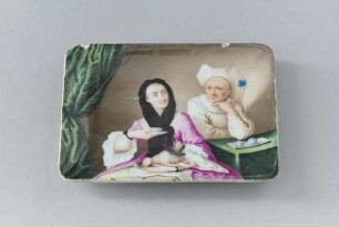 Dosendeckel aus Porzellan mit figürlicher Malerei