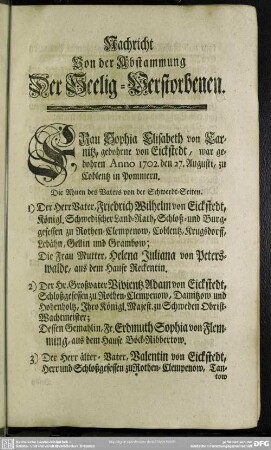 Nachricht Von der Abstammung Der Seelig-Verstorbenen