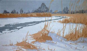 Vereister Flusslauf im Schnee