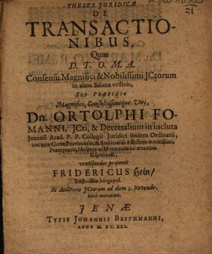 Theses Iuridicae De Transactionibus