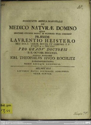 Dissertatio Medica Inauguralis De Medico Naturae Domino