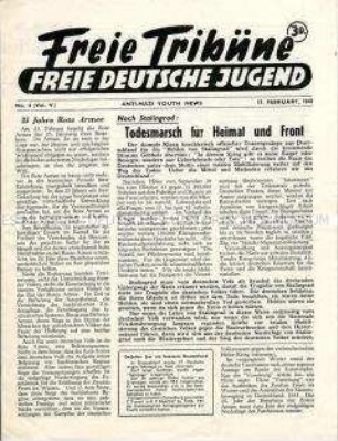 Mitteilungsblatt der Jugendorganisation der deutschen Emigranten in Großbritannien "Freie Tribüne" u.a. zur Schlacht um Stalingrad
