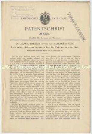 Patentschrift eines Schinenrades für Fuhrwerke aller Art, Patent-Nr. 33607