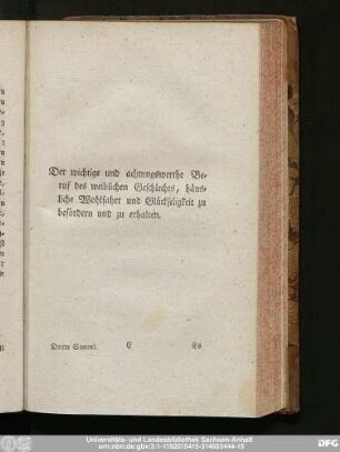 Der wichtige und achtungswerthe Beruf des weiblichen Geschlechts, häusliche Wohlfahrt und Glückseligkeit zu befördern und zu erhalten.