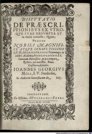 Dispvtatio De Praescriptionibvs Ex Vtroqve Ivre Desvmpta Et in theses coniecta