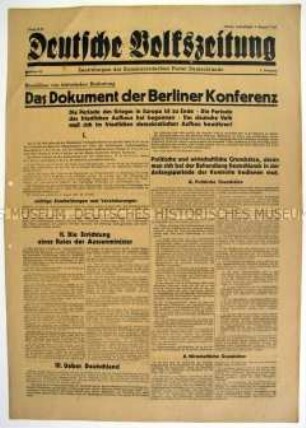 Tageszeitung der KPD "Deutsche Volkszeitung" mit dem Wortlaut des Potsdamer Abkommens