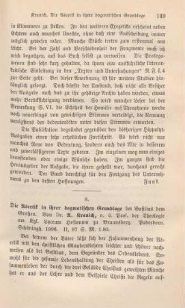 149-150 [Rezension] Kranich, Anton, Die Ascetik in ihrer dogmatischen Grundlage bei Basilius dem Großen