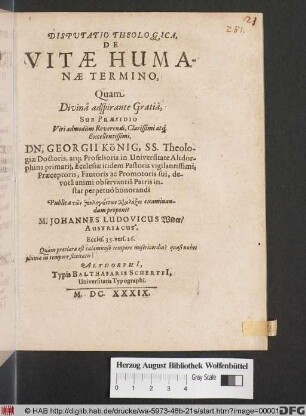Disputatio Theologica, De Vitae Humanae Termino