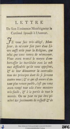 Lettre De Son Eminence Monseigneur le Cardinal Spinelli à l'Auteur.