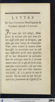 Lettre De Son Eminence Monseigneur le Cardinal Spinelli à l'Auteur.