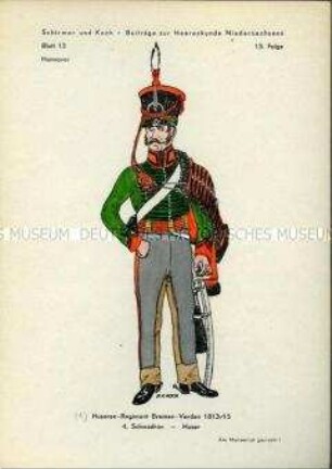 Uniformdarstellung, Gemeiner des 1. Husaren-Regiments Bremen-Verden, Kurfürstentum Hannover, 1813/1815.