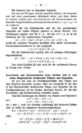 § 9. Kovarianten und Kontravarianten eines Systems sich in zwei festen Hauptscheiteln berührender Ellipsen und Hyperbeln.