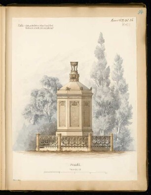 Gefallenendenkmal, Calau Monatskonkurrenz Juni 1877: Aufriss Vorderansicht 1:20; Maßstabsleiste