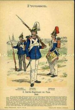Uniformdarstellung, Grenadiere und Tambour des 2. Garde-Grenadier-Regiments zu Fuß, Königreich Preußen, 1843.