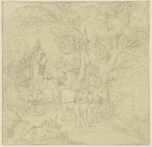 Die Heilige Elisabeth auf einem mit Ochsen bespannten Wagen, von Engeln geleitet