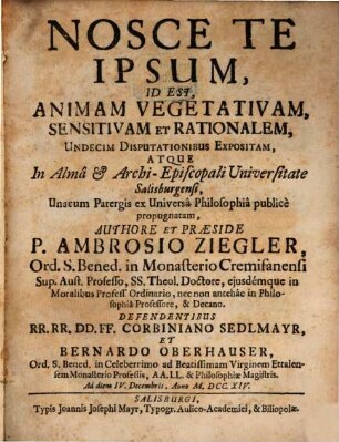 Nosce te ipsum, id est, animam vegetativam, sensitivam et rationalem, XI. disputationibus expositam