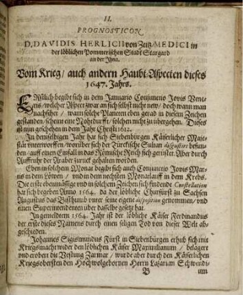 II. Prognosticon Vom Krieg/ auch andern Haubt-Aspecten dieses 1647. Jahrs