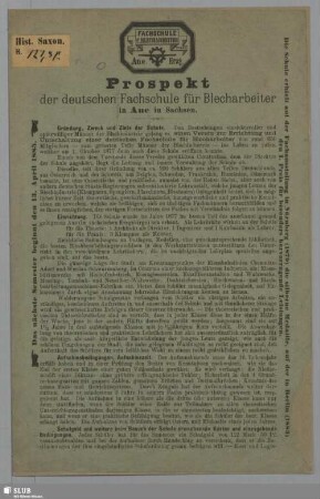 Prospekt der deutschen Fachschule für Blecharbeiter in Aue in Sachsen