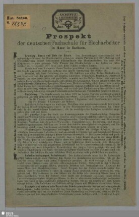 Prospekt der deutschen Fachschule für Blecharbeiter in Aue in Sachsen