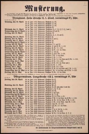 "Musterung" des Jahrgangs 1899 und Nachmusterung der zurückgestellten Jahrgänge 1898 bis 1894. Bekanntgabe der Musterungstermine und -bestimmungen