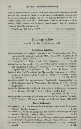 Bibliographie vom 16. Juli bis 30. September 1877.