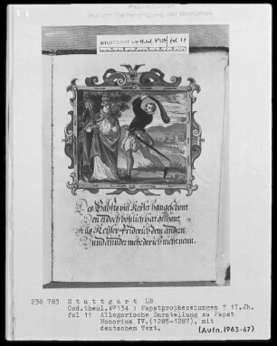 Flugschrift mit Illustrationen aus den Papstprophezeiungen mit antipäpstlichen Spottversen — Allegorische Darstellung zu Papst Honorius 4. (1285-1287), Folio 11recto