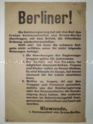 Aufruf des Kommandanten von Groß-Berlin Klawunde zur Unterstützung bei der Wiederherstellung der öffentlichen Ordnung
