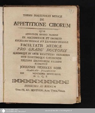 Theses Inaugurales Medicae De Appetitione Ciborum