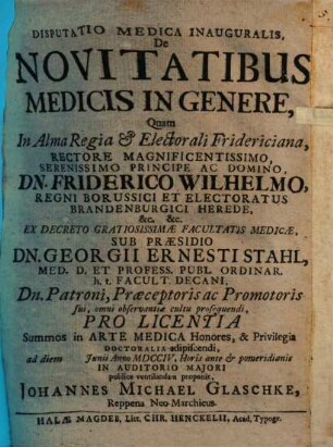 Disputatio Medica Inauguralis, De Novitatibus Medicis In Genere