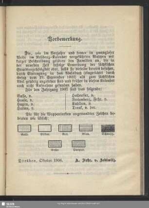 [Namensverzeichnis und Wappen von Adelsfamilien, welche durch ihre Ansässigkeit in Sachsen die Staatsangehörigkeit erlangten]