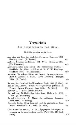 Verzeichnis der besprochenen Schriften. Die Zahlen verweisen auf die Seiten.