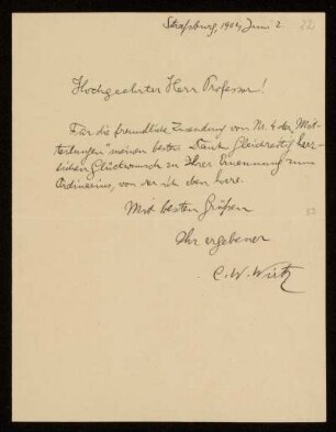 Nr. 22 Brief von Carl Wilhelm Wirtz an Karl Schwarzschild. Straßburg, 2.6.1902