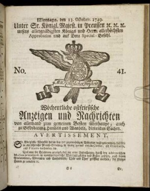 No. 41. Montags, den 13. Octobris. 1749.