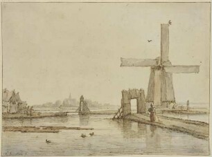 Windmühle auf einem schmalen Damm, vorne drei Enten