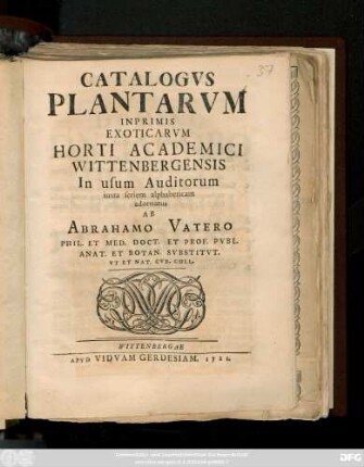 Catalogvs Plantarvm Inprimis Exoticarvm Horti Academici Wittembergensis